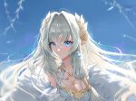  1girl absurdres blue_eyes blue_sky blurry breasts cleavage closed_mouth commentary dress drop_earrings earrings grey_hair highres hovaku jewelry king_god_castle large_breasts laurel_crown long_hair looking_at_viewer pointy_ears sidelocks sky solo tia_(king_god_castle) upper_body white_dress 
