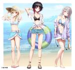  ankle_strap asumi_sena bare_legs bare_shoulders barefoot bikini bikini_skirt bikini_under_clothes bikini_under_shorts black_bikini black_hair blonde_hair blue_bikini bow comiket_102 gradient_hair grey_hair hat hat_bow heart heart_tail highres holding holding_clothes holding_hat holding_sandals jacket jewelry kisaragi_ren_(vtuber) kogara_toto leglet multicolored_hair necklace off_shoulder red_eyes red_hair sandals see-through see-through_sleeves short_shorts shorts straw_hat streaked_hair summer_tail720 swimsuit tail twintails virtual_youtuber vspo! white_bow wristlet 