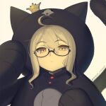  1girl ahoge animal_costume animal_ears artoria_pendragon_(fate) blonde_hair boa_(brianoa) cat_costume cat_ears cat_tail crown fate/grand_order fate_(series) glasses hair_between_eyes highres looking_at_viewer mysterious_heroine_x_alter_(fate) sidelocks solo tail yellow_eyes 