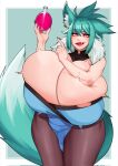  animal_humanoid bare_shoulders big_breasts big_tail blue_clothing breasts bulging_breasts canid canid_humanoid canine canine_humanoid cleavage clothed clothing fangs female fox_humanoid fur green_background green_body green_fur hair hi_res holding_object holding_potion huge_breasts humanoid inner_ear_fluff legwear long_hair mammal mammal_humanoid open_mouth pantyhose pink_eyes potion simple_background solo standing strongmoist tail teeth thick_thighs torn_clothing tuft wide_hips 