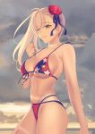  1girl absurdres american_flag_bikini asymmetrical_hair bikini blue_eyes breasts bun_cover cloud cloudy_sky commentary_request cowboy_shot fate/grand_order fate_(series) flag_print from_side front-tie_bikini_top front-tie_top hair_bun highres large_breasts miyamoto_musashi_(fate) miyamoto_musashi_(swimsuit_berserker)_(fate) miyamoto_musashi_(swimsuit_berserker)_(second_ascension)_(fate) multi-strapped_bikini navel pink_hair print_swimsuit quatthro single_hair_bun single_hair_intake single_side_bun single_sidelock sky solo standing swept_bangs swimsuit tan tanlines 