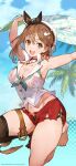  1girl absurdres armpits atelier_(series) atelier_ryza atelier_ryza_2 blush breasts brown_eyes brown_hair cleavage hair_ornament hairclip hat highres jewelry large_breasts looking_at_viewer navel official_art open_mouth outdoors red_shorts reisalin_stout second-party_source short_hair short_shorts shorts smile solo thick_thighs thighhighs thighs toridamono white_headwear wide_hips 