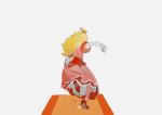  1girl back blonde_hair crown dress elbow_gloves gloves high_heels highres holding holding_clothes holding_dress kengyou_lei long_hair mario_(series) pink_dress princess_peach red_footwear running simple_background solo the_super_mario_bros._movie white_gloves 