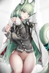  1girl :p absurdres animal_ear_fluff animal_ears arknights bottomless breasts breasts_out cape cardigan cat_ears cat_tail commentary_request cowboy_shot green_eyes green_hair grey_cardigan harmonie_(arknights) highres infection_monitor_(arknights) large_breasts long_hair long_sleeves looking_at_viewer nopetroto pussy solo tail thighs tongue tongue_out uncensored very_long_hair white_cape 