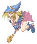  1girl bare_shoulders blonde_hair blue_footwear blue_headwear blush blush_stickers boots breasts choker cleavage dark_magician_girl duel_monster green_eyes hair_between_eyes hat highres holding holding_wand large_breasts long_hair looking_at_viewer sincos smile solo staff wand white_background wizard_hat yu-gi-oh! yu-gi-oh!_duel_monsters 