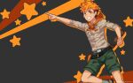  1boy akiba_hiro belt black_background brown_shirt camp_buddy feet_out_of_frame green_shorts hair_ornament hairpin highres looking_at_viewer male_focus mikkoukun official_art official_wallpaper orange_eyes orange_hair orange_hood pointing shirt shorts smile solo starry_background tail undercut 