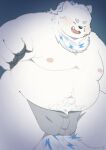  2023 anthro belly big_belly black_nose blush bulge canid canine canis clothing domestic_dog eyes_closed fur haoming hi_res kemono lifewonders live_a_hero male mammal moobs navel nipples overweight overweight_male simple_background solo underwear white_body white_fur yohack 