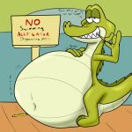  3_toes abdominal_bulge alligator alligatorid anthro belly belly_rub cartoon_network crocodilian dialogue digestion_noises fataltragedy2004 feet gerome_(the_grim_adventures_of_billy_and_mandy) grin hi_res male navel oral_vore pencil_(object) reptile ridges scalie sign smile solo teeth toes toony toothpick underbelly vore 