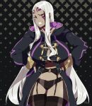  1girl absurdres alternate_costume artist_name aversa_(fire_emblem) black_panties black_robe black_thighhighs breasts commission cosplay dark-skinned_female dark_skin facial_tattoo fire_emblem fire_emblem_awakening garter_straps grin highres hood hood_down hooded_robe large_breasts lingerie long_hair open_clothes open_robe panties pixiv_commission r3dfive robe robin_(fire_emblem) robin_(fire_emblem)_(cosplay) smile solo tattoo thighhighs underwear very_long_hair white_hair 