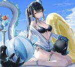  1girl absurdres arknights ball barefoot beachball bendy_straw bikini bikini_under_clothes black_bikini black_hair blue_sky breasts cleavage closed_mouth cloud collar collarbone commentary_request cup day detached_collar dragon_girl dragon_horns dragon_tail drinking_glass drinking_straw dusk_(arknights) flower hair_between_eyes highres horns innertube jacket long_hair long_sleeves looking_at_viewer medium_breasts off_shoulder ohagi_umeume orange_eyes outdoors pointy_ears red_flower side-tie_bikini_bottom sidelocks sitting sky solo swimsuit table tail very_long_hair wariza white_collar white_jacket wing_collar 