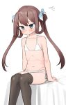  1girl absurdres asagumo_(kancolle) bikini black_thighhighs brown_hair feet_out_of_frame flat_chest grey_eyes hair_ribbon hair_rings highres kantai_collection long_hair maru_(marg0613) one-hour_drawing_challenge ribbon side-tie_bikini_bottom simple_background solo swimsuit thighhighs twintails white_background white_bikini 