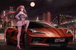  1girl absurdres alternate_costume azur_lane bikini brooklyn_bridge car character_name chevrolet chevrolet_corvette chevrolet_corvette_c8 copyright_name empire_state_building fingerless_gloves full_body full_moon gloves high_heels highres honolulu_(azur_lane) jacket kcar66t license_plate looking_at_viewer moon motor_vehicle new_york night product_placement race_queen real_world_location red_hair sky spoiler_(automobile) sports_car star_(sky) starry_sky swimsuit thigh_strap twintails 