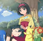  1boy 1girl absurdres ash_ketchum bellossom black_eyes black_hair blue_sky commission erika_(pokemon) hairband highres japanese_clothes kimono lap_pillow medium_hair negimiso1989 pikachu pixiv_commission pokemon short_hair sky sleeping smile tree under_tree 