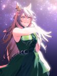  1girl animal_ears arm_at_side bare_arms belt blurry breasts brown_hair clenched_hand depth_of_field dress glint green_dress highres horse_ears horse_girl horse_tail long_hair night outstretched_arm purple_eyes sleeveless sleeveless_dress small_breasts smile solo star_(sky) symboli_rudolf_(enchainment)_(umamusume) symboli_rudolf_(umamusume) tail ukka_(0ukka_) umamusume upper_body 