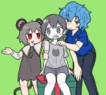  3girls animal_ear_fluff animal_ears arm_on_shoulder bags_under_eyes black_pants blue_eyes blue_hair blue_shirt blush box breasts bseibutsu capelet closed_mouth collared_shirt colored_skin commentary_request cookie_(touhou) crystal dress employee_uniform fang feet_out_of_frame flat_chest gift gift_box green_background grey_dress grey_hair grey_shirt grey_shorts grey_skin hair_between_eyes hand_on_another&#039;s_shoulder jewelry kawashiro_nitori kofji_(cookie) leaning_forward long_sleeves looking_at_another looking_at_viewer looking_to_the_side medium_bangs medium_breasts mouse_ears mouse_girl mouse_tail multiple_girls multiple_persona nazrin open_mouth pants pendant red_eyes shirt short_hair short_sleeves shorts simple_background sitting standing tail touhou triangle_mouth uniform white_capelet 