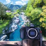  blue_sky bug building camera cloud cloudy_sky commentary_request day foliage grass ladybug moss mountain mutumipketto no_humans original outdoors perspective railing river rock scenery shallow_water sky strap tree water wooden_bridge 