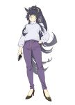  1girl animal_ears bandaid bandaid_on_face bandaid_on_nose black_hair brown_footwear buttons casual ear_ornament full_body hand_in_pocket highres holding horse_ears horse_girl horse_tail long_hair long_sleeves looking_at_viewer looking_down narita_brian_(umamusume) official_alternate_costume pants purple_pants rope ruukii_drift shimenawa shirt sidelocks simple_background sketch solo tail umamusume very_long_hair white_background white_shirt yellow_eyes 