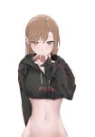  1girl akh@98 black_hoodie bottomless breasts brown_eyes brown_hair clothes_writing covering_mouth crop_top ear_piercing earrings gyaru highres hood hoodie jewelry large_breasts long_sleeves nail_polish navel original out-of-frame_censoring piercing red_nails stomach 
