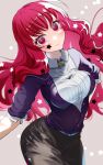  1girl black_skirt blush breasts buttons closed_mouth facial_mark fire_emblem fire_emblem_engage hair_ornament highres large_breasts long_hair long_sleeves looking_at_viewer mu_tu_bu red_eyes red_hair skirt star_(symbol) star_facial_mark star_hair_ornament yunaka_(fire_emblem) 