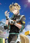  1boy absurdres ahoge animal_ears arknights blonde_hair closed_mouth confetti crowd dog_boy dog_ears dog_tail fingerless_gloves gloves goggles goggles_on_head highres jacket looking_at_viewer open_clothes open_jacket outdoors pants racetrack shidare_(youh4016) short_hair solo_focus sun tail tequila_(arknights) unzipped walking white_gloves yellow_fur 
