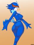  anthro avian beak big_breasts big_butt blue_body blue_eyes blue_feathers breasts butt eyelashes feathers female generation_9_pokemon hi_res leaniv looking_back nintendo open_beak open_mouth pokemon pokemon_(species) quaquaval rear_view solo standing tail 