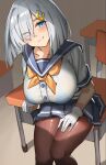  1girl blue_bra blue_eyes bra bra_visible_through_clothes breasts classroom closed_mouth desk from_above gloves grey_hair hair_over_one_eye hamakaze_(kancolle) head_tilt highres kantai_collection large_breasts looking_at_viewer medium_hair miniskirt pantyhose pleated_skirt sailor_collar school_uniform see-through simplecar sitting skirt smile underwear white_gloves 