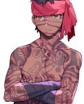  1boy angra_mainyu_(fate) arm_wrap bandana black_hair crossed_arms dark-skinned_male dark_skin facial_tattoo fate/hollow_ataraxia fate_(series) full-body_tattoo highres male_focus noko_morokoshi red_bandana solo tattoo topless_male yellow_eyes 