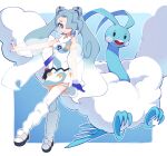  1girl altaria blue_background border bright_pupils commentary crossover detached_sleeves dress eyelashes eyeshadow flying_miku_(project_voltage) grey_eyes grey_hair hatsune_miku hibun_tsukasa holster long_hair looking_at_viewer loose_socks makeup necktie outline outside_border poke_ball poke_ball_(basic) pokemon pokemon_(creature) project_voltage see-through see-through_sleeves shoes socks thighhighs twintails vocaloid white_border white_pupils white_socks white_thighhighs 