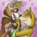  &lt;3 alex_ferret anthro canid canine collar divine_tofu domestic_ferret duo duo_focus eye_contact fehn_fennec fennec fox group hi_res humanoid leash looking_at_another love male male/male mammal mustelid musteline no_pupils nose_to_nose pink_background simple_background true_musteline weasel 