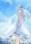  1girl amane_kanata angel angel_wings blue_sky dress enokinoko1010 field flower flower_field hair_ornament hairpin halo highres hololive long_hair looking_at_viewer purple_eyes sky smile star_halo virtual_youtuber white_dress white_flower wings 