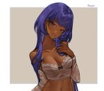  1girl alternate_costume blue_eyes blue_hair bunnyoki candace_(genshin_impact) commentary crop_top dark-skinned_female dark_skin detached_sleeves earrings genshin_impact hair_down heterochromia highres jewelry navel purple_nails smile solo symbol-only_commentary yellow_eyes 