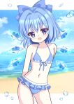 1girl absurdres arms_behind_back beach bikini bikini_skirt blue_bikini blue_eyes blue_hair blush bow cirno cowboy_shot flat_chest front-tie_bikini_top front-tie_top hair_bow hair_intakes highres ice ice_wings looking_at_viewer natumeguma navel open_mouth short_hair smile solo swimsuit touhou wings 