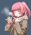  1girl blush breath brown_coat can coat cold commentary_request cropped enpera furrowed_brow grey_background hands_up highres holding holding_can incoming_drink kotonoha_akane lips long_hair looking_at_viewer one_side_up open_clothes open_coat open_mouth pink_eyes pink_hair ribbed_sweater scarf scarf_pull shiruko_(food) sidelocks simple_background solo sweater tmasyumaro translation_request upper_body upturned_eyes voiceroid white_scarf white_sweater 