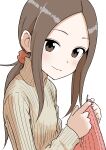  1girl absurdres brown_eyes brown_hair closed_mouth from_side highres holding inaba_mifumi karakai_jouzu_no_takagi-san knitting knitting_needle long_hair long_sleeves needle ponytail ribbed_sweater sidelocks simple_background smile solo sweater takagi-san turtleneck turtleneck_sweater white_background 