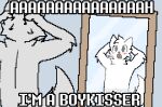  anthro black_eyes blush boy_kisser_(meme) domestic_cat english_text fangs felid feline felis fur kaycraftytrus male mammal meme mirror scared silly_cat_(mauzymice) simple_background simple_eyes solo surprised_expression surprised_face tail teeth text white_body white_ears white_fur white_tail 