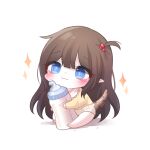  1girl :t baby_bottle bare_legs barefoot bib blue_eyes blush bottle brown_hair character_request chibi closed_mouth full_body hair_bobbles hair_ornament highres honyang long_hair long_sleeves milk novelpia object_hug one_side_up shadow shirt simple_background solo sparkle tail very_long_hair wavy_mouth white_background yellow_shirt 