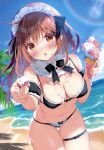  1girl absurdres bare_shoulders bikini black_bikini black_bow black_sleeves blue_sky blush bow breasts brown_eyes brown_hair chestnut_mouth cleavage cloud commentary_request day detached_sleeves food heart highres holding holding_food holding_spoon horizon ice_cream ice_cream_cone kokoa-chan_(pan_(mimi)) leaning_forward lens_flare long_hair looking_at_viewer maid_headdress medium_breasts non-web_source ocean original outdoors pan_(mimi) parted_lips puffy_short_sleeves puffy_sleeves short_sleeves skindentation sky solo spoon swimsuit thigh_gap thigh_strap triple_scoop very_long_hair water 