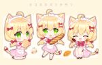  1girl :d :o ^_^ ahoge animal_ears apron baguette blonde_hair blush bow bread brown_background brown_footwear cake cat_ears cat_girl cat_tail chibi closed_eyes collared_shirt commentary_request food frilled_apron frilled_skirt frills full_body gloves green_eyes grey_outline hair_between_eyes hair_bow hair_ornament hairclip heart highres holding holding_food long_hair low_twintails maid_headdress multiple_views original pink_shirt pink_skirt pleated_skirt puffy_short_sleeves puffy_sleeves red_bow shikito shirt shoes short_sleeves simple_background skirt smile socks striped striped_socks tail tail_bow tail_ornament translation_request twintails vertical-striped_socks vertical_stripes very_long_hair waist_apron white_apron white_gloves x_hair_ornament 