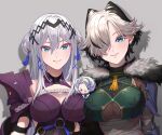  2girls absurdres aqua_eyes armor bandaged_arm bandages black_hair breasts claude_clawmark cone_hair_bun double_bun earrings ebi_(neko2112) fur_trim grey_hair hair_bun hair_ornament hair_over_one_eye highres jewelry kunai_nakasato large_breasts mole mole_under_eye mole_under_mouth multiple_girls nijisanji nijisanji_en short_hair shoulder_armor smile tassel tassel_hair_ornament ttt_(nijisanji) victoria_brightshield virtual_youtuber white_hair 