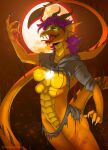  2023 4_breasts after_transformation anthro blood bodily_fluids breasts clothing digital_media_(artwork) dragon female full_moon glowing glowing_eyes hair horn moon multi_breast open_mouth purple_hair scales sharp_teeth smile solo strawberrytfs tail teeth torn_clothing yellow_body yellow_scales 