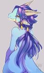  absurd_res accessory anthro big_butt blue_body butt digital_media_(artwork) dragon female gold_accessory hair hi_res horn long_hair looking_at_viewer multicolored_body nowewemori nude simple_background smile solo tail thick_thighs yellow_eyes 