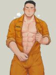  1boy abs amaimao bara bare_pectorals blush bulge cowboy_shot facial_hair goatee highres hot large_pectorals male_focus mature_male muscular muscular_male navel navel_hair nipples orange_overalls original overalls pectorals short_hair sleeves_rolled_up solo steaming_body stubble sweat thick_eyebrows thick_thighs thighs undercut undressing unzipping 