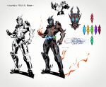  belt bodysuit clive_rosfield crystal final_fantasy final_fantasy_xvi fire flaming_hand full_body glowing highres horned_mask kamen_rider kubaushi looking_at_viewer mask official_alternate_costume parody reference_sheet sentai shoulder_spikes spikes standing 