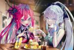  2girls baobhan_sith_(fate) bare_shoulders black_bow black_flower black_ribbon blue_eyes bow bracelet braid breasts buttons closed_mouth coca-cola collared_shirt dress eating emoillu fate/grand_order fate_(series) flower food grey_eyes grey_hair hair_between_eyes hair_bow hair_flower hair_ornament highres jewelry lemonade long_hair morgan_le_fay_(fate) multiple_girls open_mouth pink_dress pink_hair ribbon shirt small_breasts smoking table teeth vampire white_shirt 
