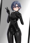  1boy absurdres blue_eyes blue_hair bodysuit bulge cellphone erection erection_under_clothes highres hiuyec latex latex_bodysuit looking_at_viewer mirror original otoko_no_ko phone shiny_clothes short_hair skin_tight smartphone v 