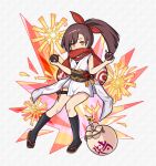  1girl black_socks blush bomb brown_hair explosion explosive full_body hair_ribbon hanabi_(world_flipper) highres holding holding_bomb japanese_clothes kunai mwm5 orange_eyes ponytail red_ribbon red_scarf ribbon sandals scarf socks solo weapon white_background world_flipper 