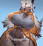  anthro big_breasts blush breasts brown_eyes clothed clothing felid feline female fur hair mammal multicolored_body multicolored_fur one_eye_closed open_mouth solo two_tone_body two_tone_fur utterangle wet wet_clothing white_hair wide_hips 