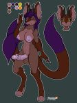  2023 absurd_res anthro arashidrgn areola balls big_breasts big_penis breasts canid canine demon design_sheet fox fur genitals gynomorph hair hi_res intersex mammal multi_tail nude penis simple_background tail text 