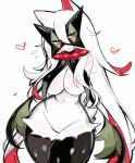  1girl arms_behind_back breasts closed_mouth cowboy_shot furry furry_female half-closed_eyes heart large_breasts long_hair looking_at_viewer mask meowscarada pokemon pokemon_(creature) red_eyes simple_background solo standing usa37107692 white_background white_hair 