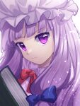  1girl blue_bow book bow closed_mouth dress hair_bow hat highres long_hair looking_at_viewer mob_cap patchouli_knowledge purple_dress purple_eyes purple_hair purple_headwear simple_background solo touhou upper_body white_background yuki_10825 
